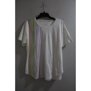 Anthropologie White T Shirt Rainbow Stripe Detail Short Sleeve‎ Crew Neck Top L